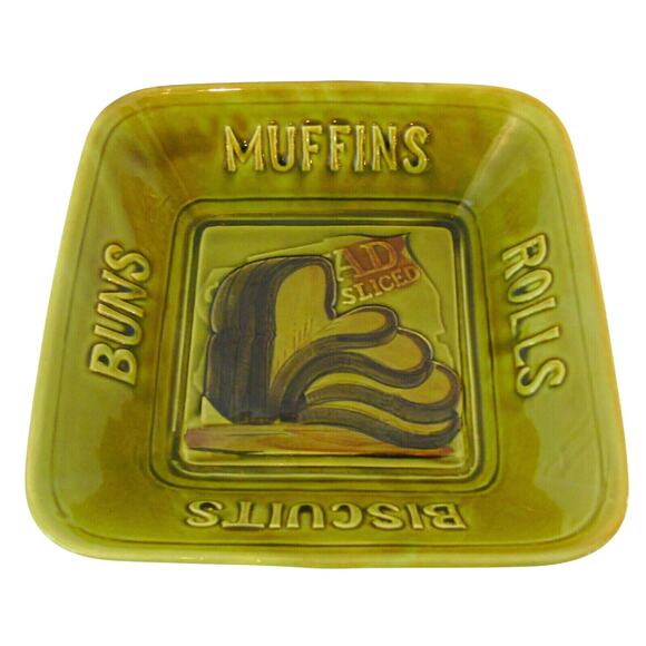 Ceramic Bread Basket Serving Bowl Rolls 9.5" Square Mid Century Vtg Olive Green - Picture 2 of 5